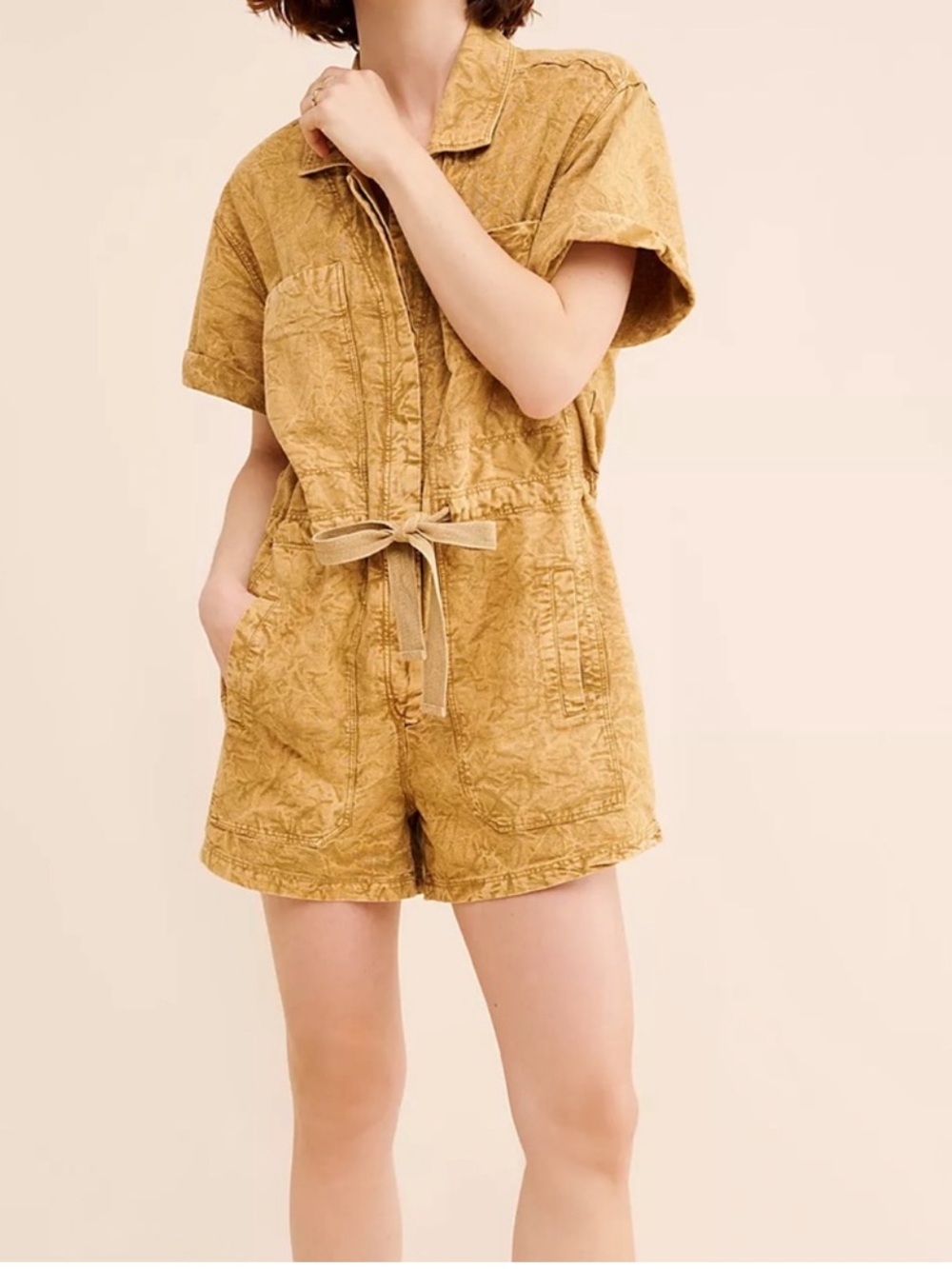 Free People 🆕 Rhodes Cotton Linen Chino Coverall Romper Chic Utility NWPT Sz Lg